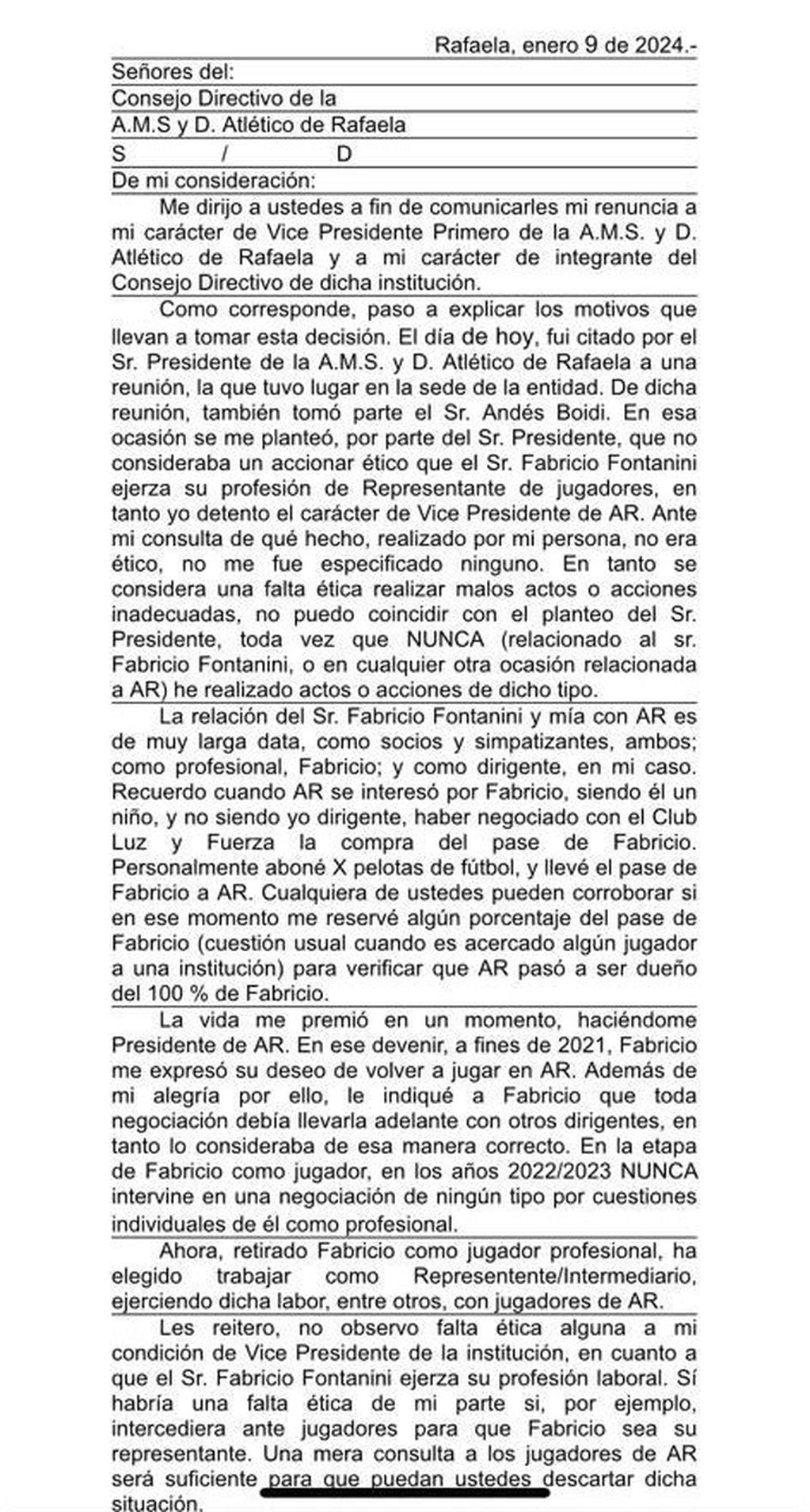 Esta es la carta de la renuncia de Silvio Fontanini a vicepresidente 1° de Atlético de Rafaela