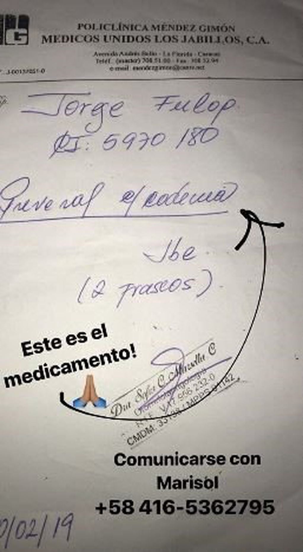 Catherine Fulop pide ayuda para conseguir los medicamentos que precisa su hermano en Venezuela. Instagram/fulopcatherine