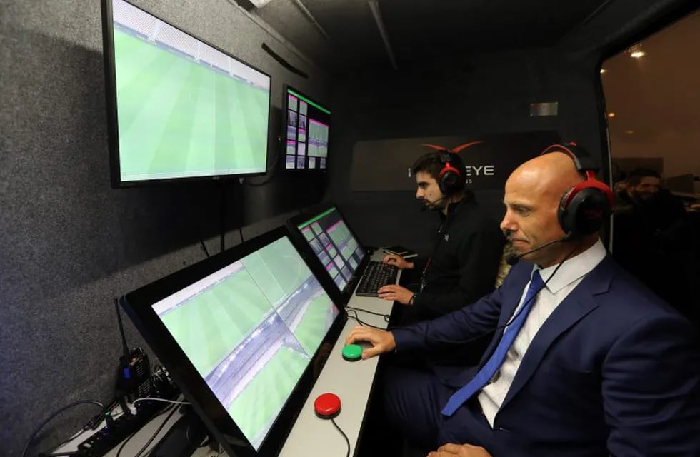 (FILES) In this file photo taken on January 9, 2018 French refeere Amaury Delerue (front) takes part in a presentation of video assisted refereeing (VAR) before the French League Cup football match between Nice and Monaco at the Allianz Riviera Stadium in Nice, southern France.\nThe management of the 32 teams qualified for the World Cup-2018 in Russia were rather confident February 28 about the video assistance to the arbitration (VAR), whose Fifa must decide March 3 of the use during the competition. / AFP PHOTO / VALERY HACHE