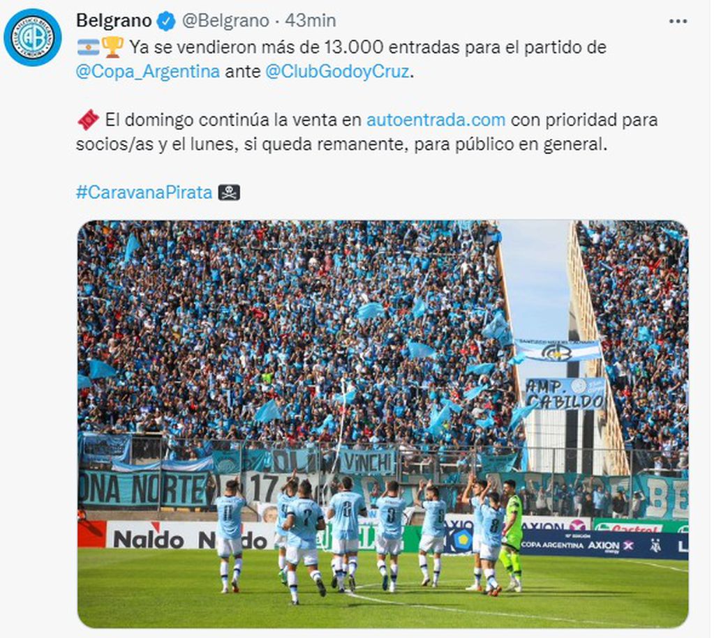 Este domingo sigue la venta para Belgrano-Godoy Cruz. Quedan 5.000 lugares.