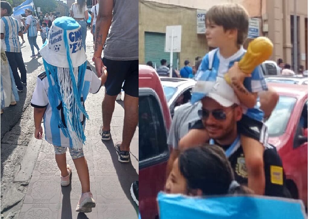 Niñas y niños disfrutan en familia la celebración en Jujuy llevando dos íconos del Campeonato mundial: la camiseta con el número 10 de Messi y la Copa de oro la FIFA.