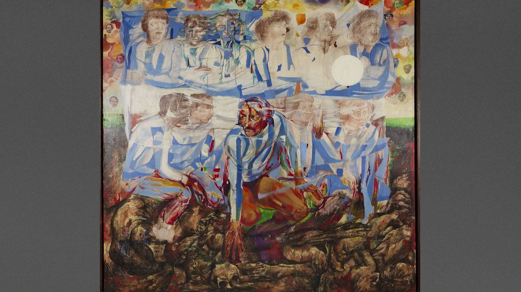 La obra en la que Musso inmortalizó la selección argentina del 78'. Leopoldo Luque está en el centro de la pintura.