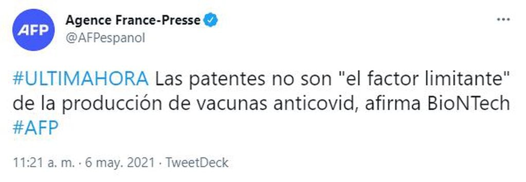 El laboratorio BioNTech se manifestó respecto a la liberación de patentes de las vacunas contra el COVID-19, avalada en las últimas horas por Estados Unidos y Rusia.