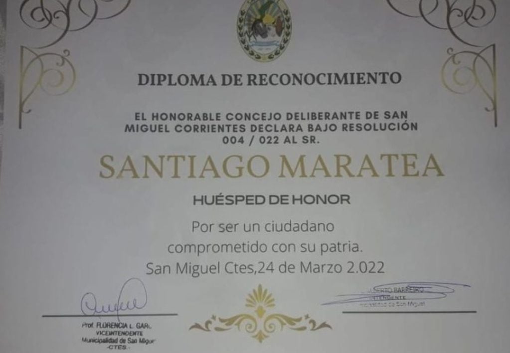 Santi Maratea fue nombrado huésped de honor en Mercedes y San Miguel, Corrientes.