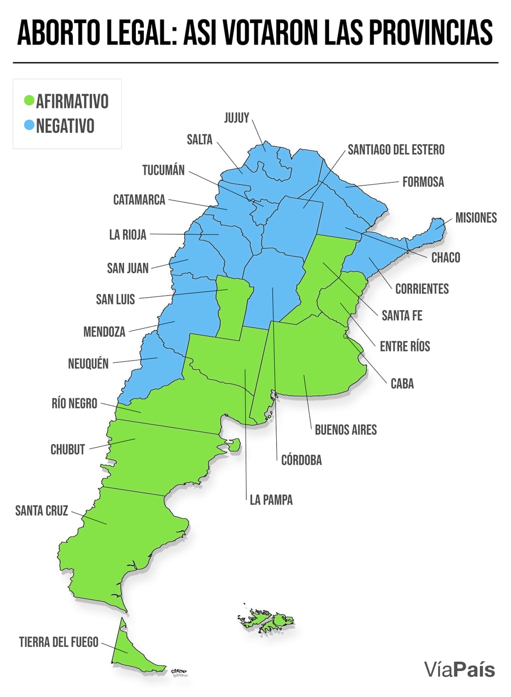 Mapa "verde" y "celeste" según la votación de la legalización del aborto en Diputados.