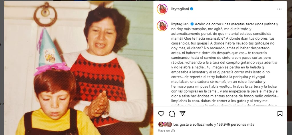 Las conmovedoras palabras de Lizy Tagliani para recordar a su mamá