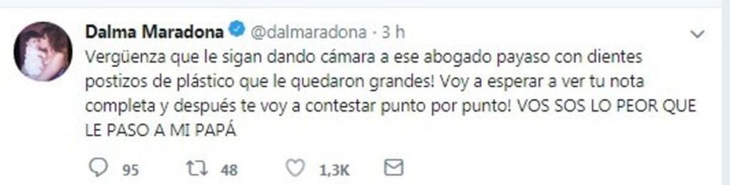 El cruce tuitero entre Dalma Maradona y Matías Morla (Fotos: Twitter)