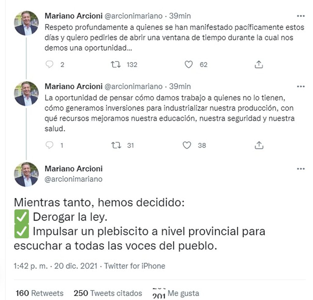 El gobernador de Chubut, Mariano Arcioni, anunció la derogación de la ley minera y un llamado a plebiscito