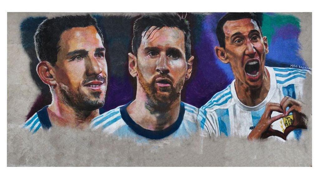 El mural rosarino con los rostros de Messi, Di María y Rodríguez.