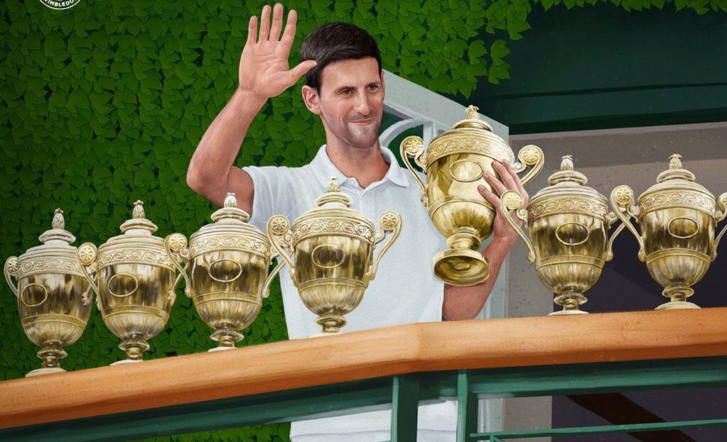 Djokovic, feliz con todos sus trofeos de campeón en Wimbledon (Foto: Prensa Wimbledon).