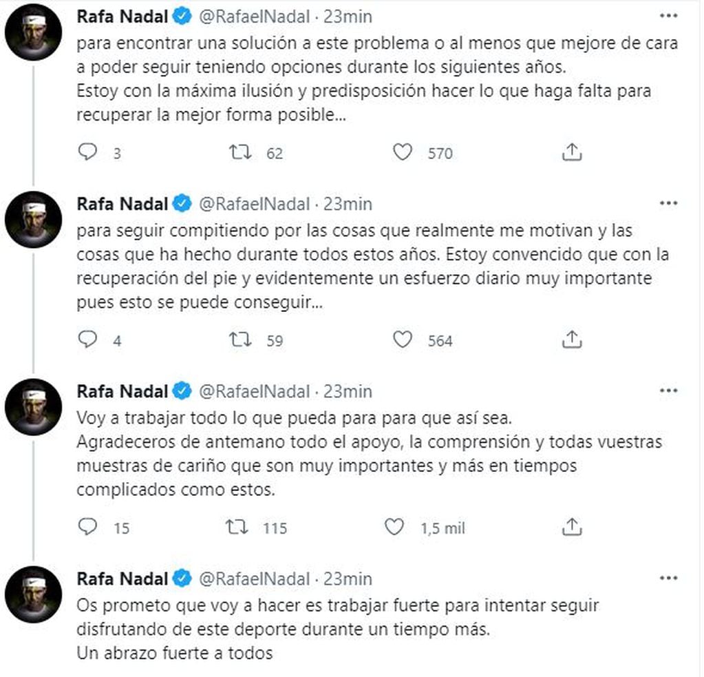 El tenista español Rafael Nadal comunicó que no jugará más durante 2021, debido a una lesión en su pie.