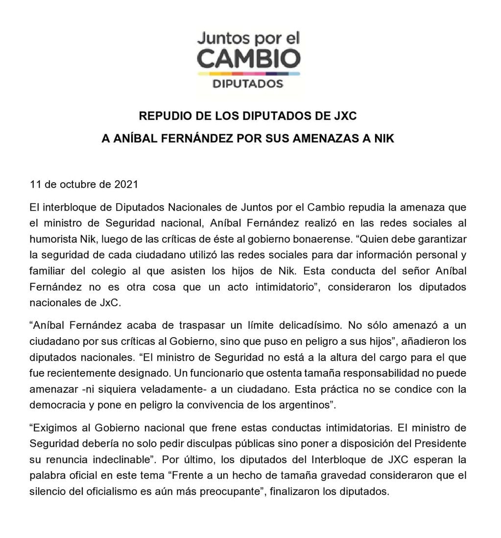 El comunicado de Juntos por el Cambio pidiendo la renuncia de Aníbal Fernández. dipurtadosucr