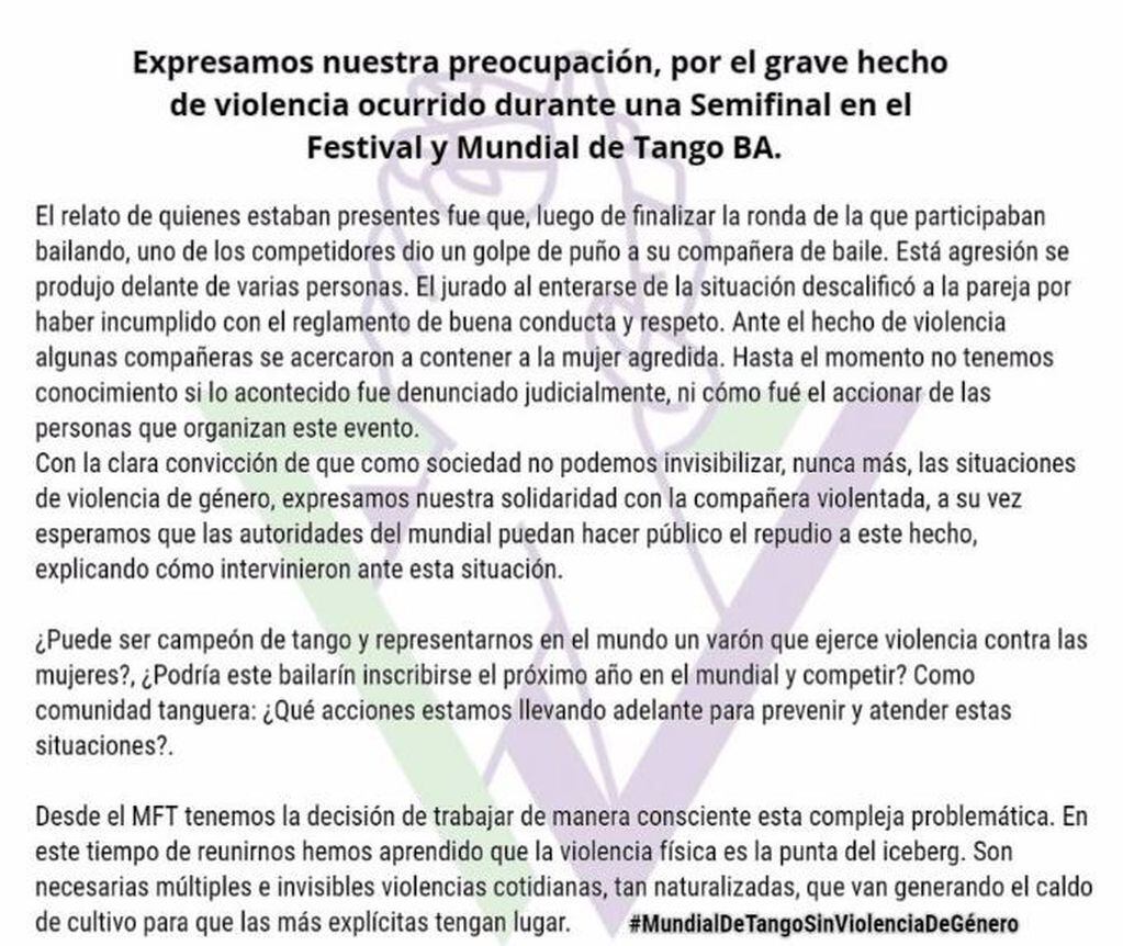 El comunicado publicado por el Movimiento Feminista de Tango (Foto: Facebook)