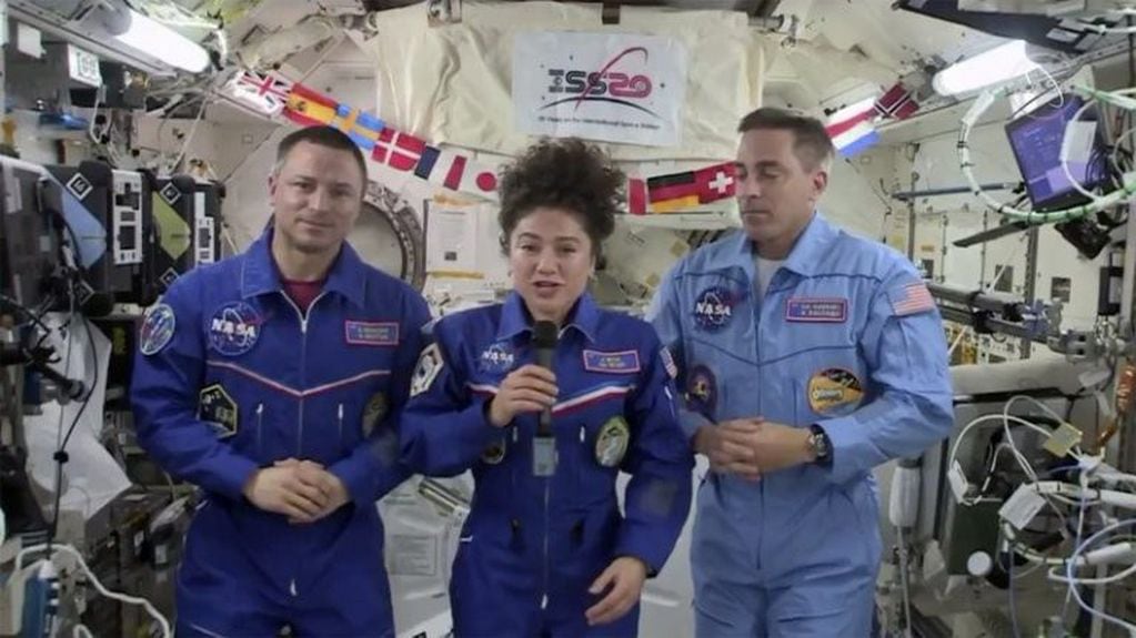 La Expedición 62, formada por Andrew Morgan, Jessica Meir y Oleg Skriposhka, durante su estadía en la ISS.