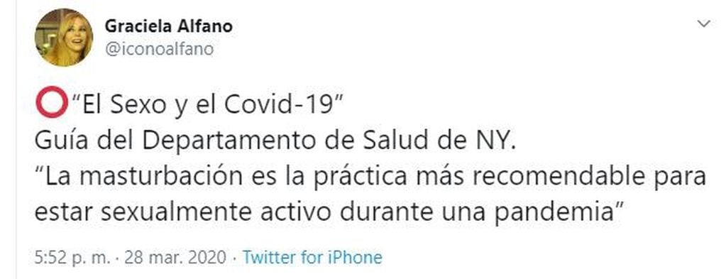 "El sexo y el Covid-19", es el título del documento que recorrió Alfano en un hilo de Twitter, citando la Guía del Departamento de Salud de Nueva York.