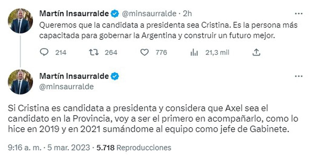 La publicación de Martín Insaurralde en Twitter. Foto: captura de pantalla.