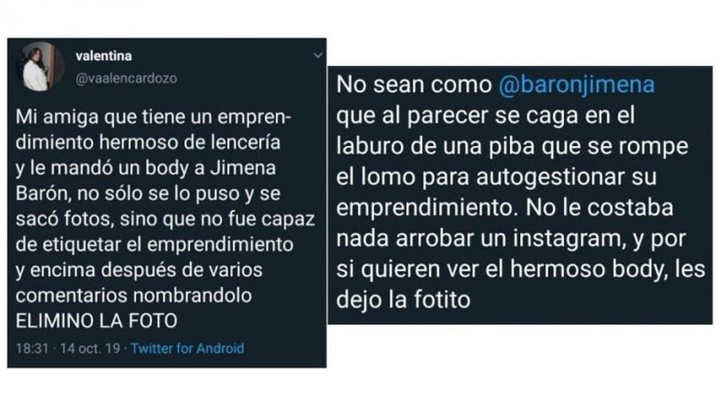 Los tuits escrachando a Jimena Barón (Twitter)