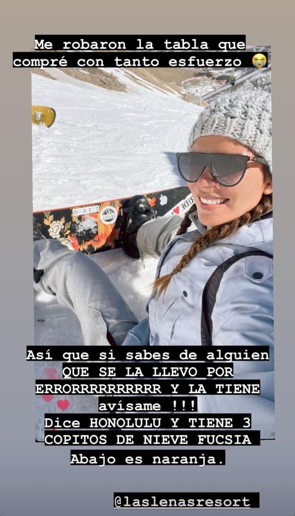 Ornella Ferrara sufrió el robo de su tabla de esquí durante su fin de semana en Las Leñas.