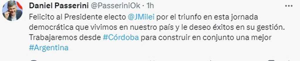 El mensaje de Daniel Passerini, intendente electo de Córdoba, a Javier Milei.