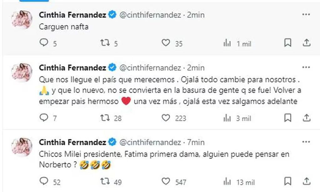 El mensaje de Cinthia Fernández tras la victoria de Javier Milei