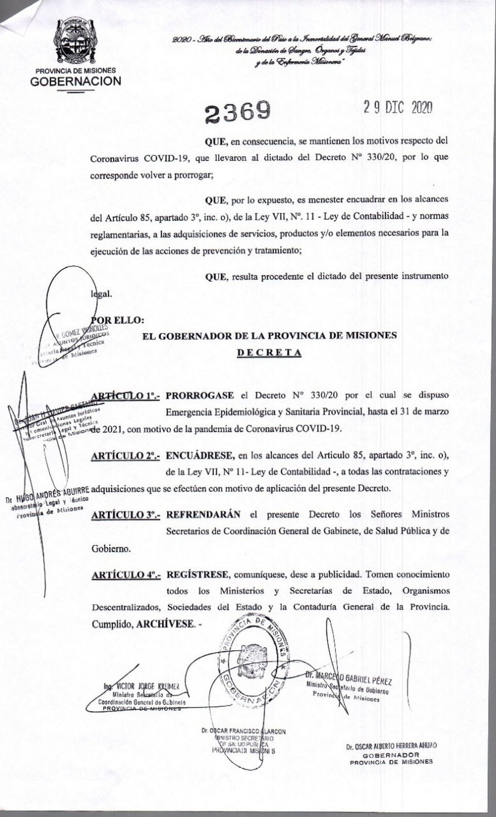 Boletín Oficial de hoy del Decreto N° 2369, con fecha del 29 de diciembre, se prorrogó el Decreto N° 330/20.