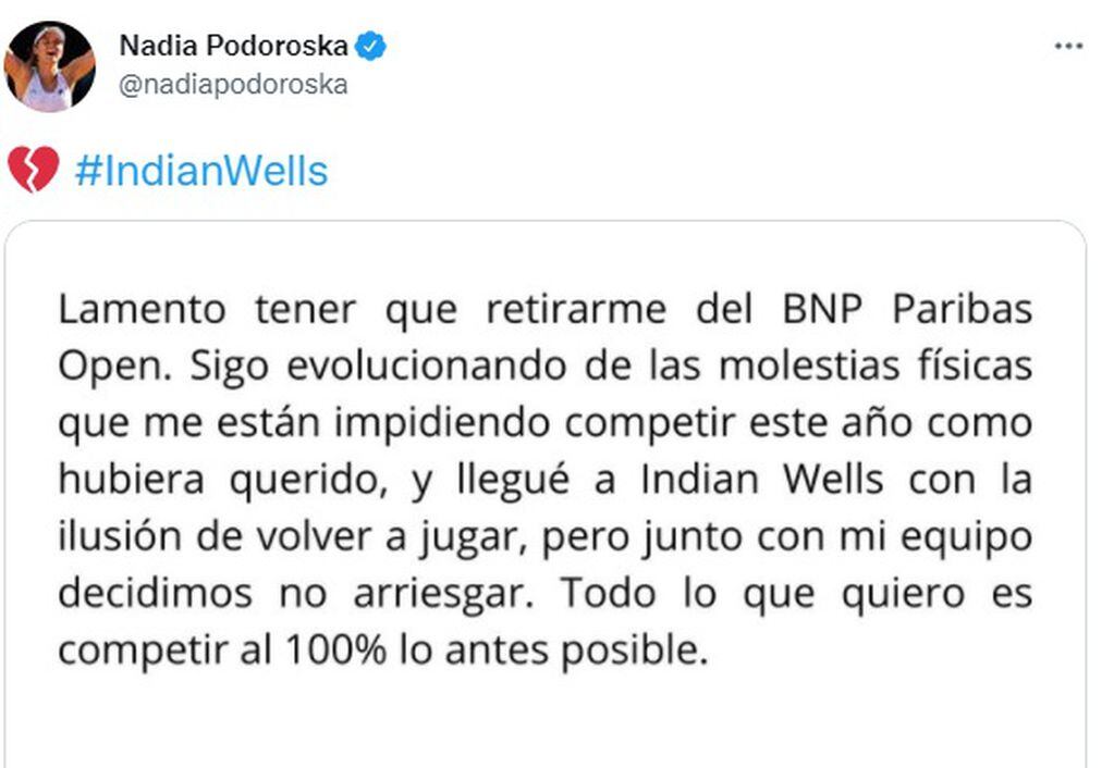 Tuit de Podoroska confirmando que no estará en Indian Wells