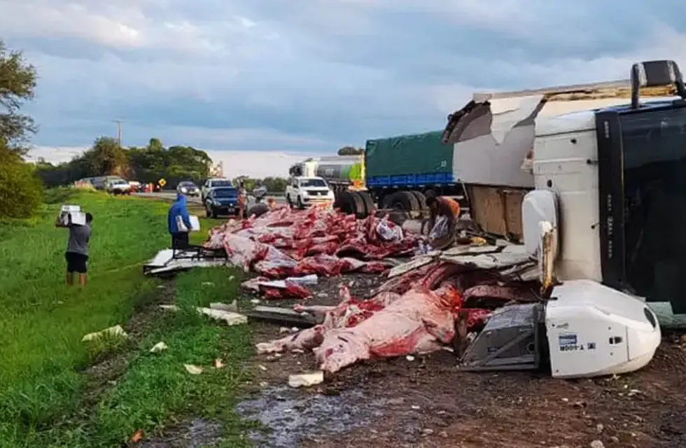 Las personas se llevaron más de 11 mil kilos de carne luego de que un camión volcara en Salta.