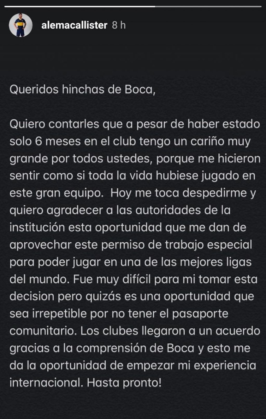 El texto de Alexis Mac Allister para los hinchas de Boca (Foto: Instagram)