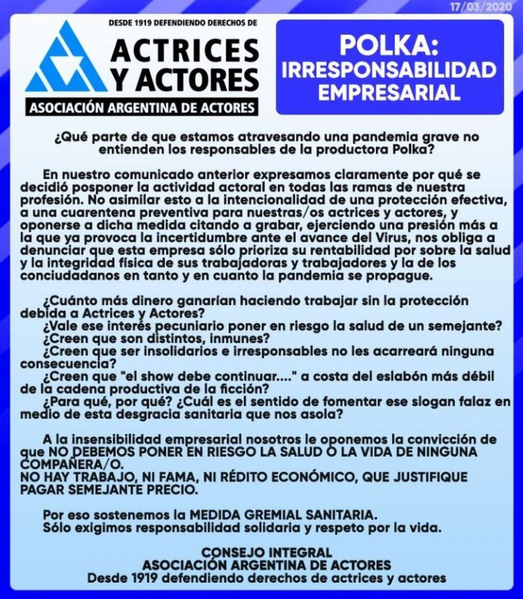 El comunicado emitido por la Asociación Argentina de Actores.