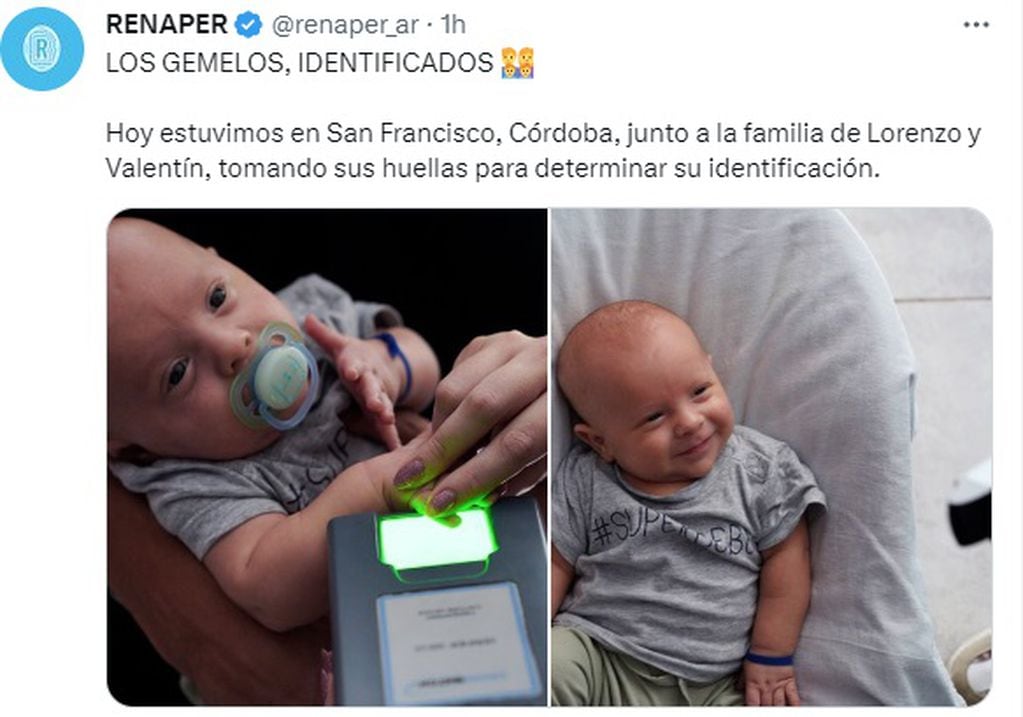 Renaper publicó en su cuenta de Twitter la identificación de los gemelos.