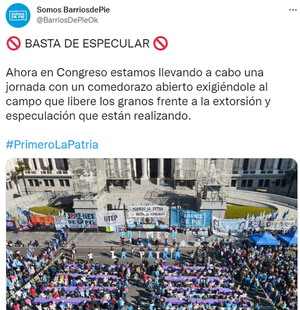 Barrios de Pie se manifiesta en el Congreso repudiando al campo y a la "especulación".