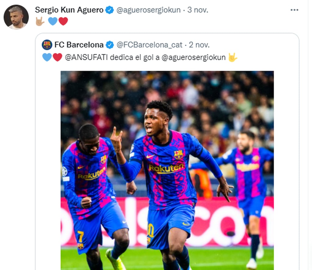 Ansu Fati, su compañero en el Barcelona, le dedica un gol tras conocerse la noticia de la arritmia de Agüero. Twitter @aguerosergiokun