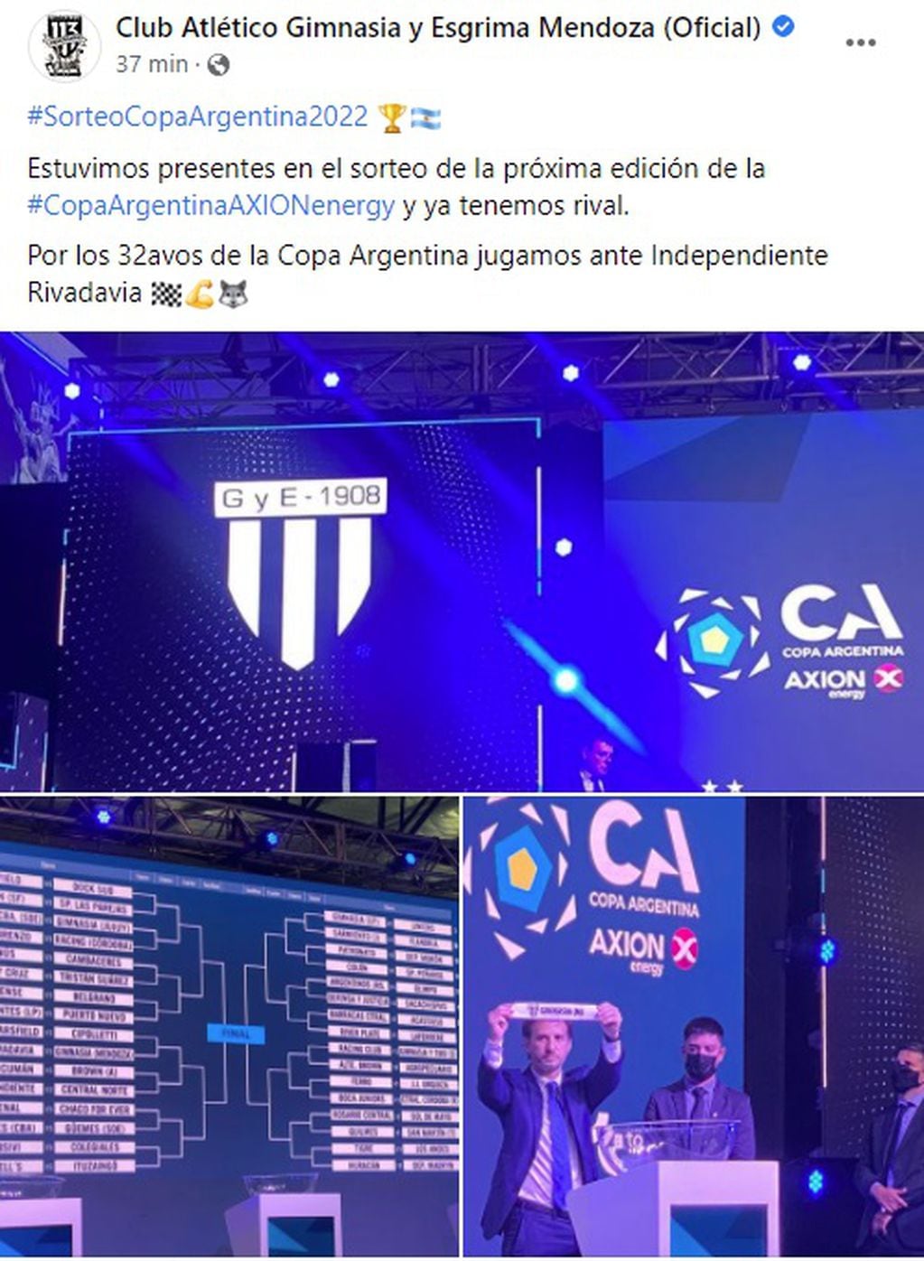 Gimnasia de Mendoza estuvo presente en el sorteo de la Copa Argentina y publicó en las redes la confirmación el clásico mendocino ante Independiente Rivadavia.