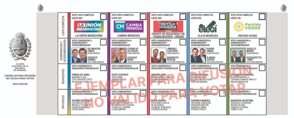 San Carlos: Boletas por departamentos y sus candidatos para las Elecciones en Mendoza 2023