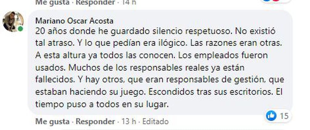 Comentario en Facebook de Mariano Acosta Arroyito