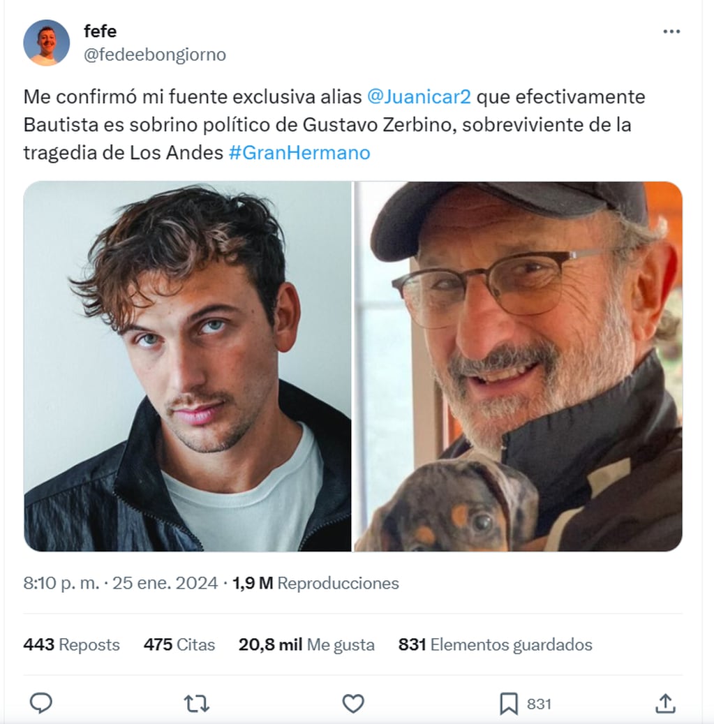 Según afirma Federico Bongiorno, el participante de GH sería el sobrino de Gustavo Zerbino, sobreviviente de la tragedia de Los Andes.