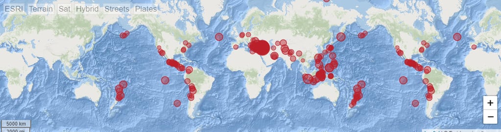 La gráfica muestra la cantidad de terremotos que se registran en la actualidad, con escalas entre 2° y 7,5°.