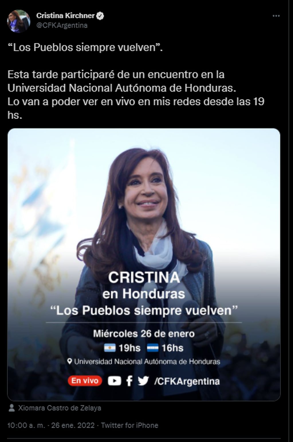 Cristina Kirchner será oradora en una conferencia en Honduras.