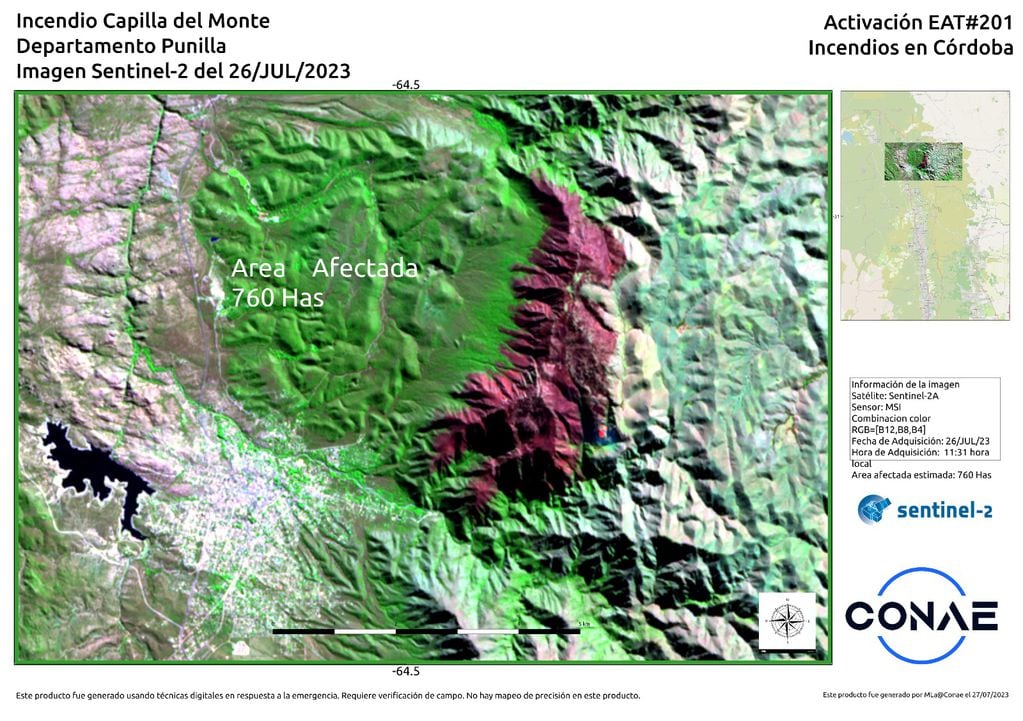 Imágenes satelitales del Uritorco tras el incendio.
