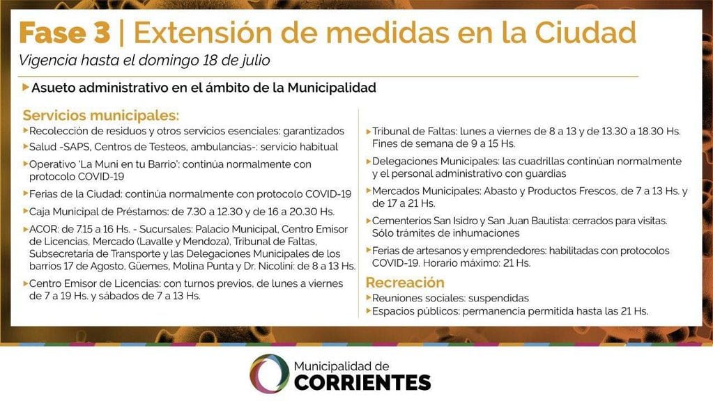 Las medidas fueron anunciadas a través de las redes sociales de la Municipalidad de Corrientes