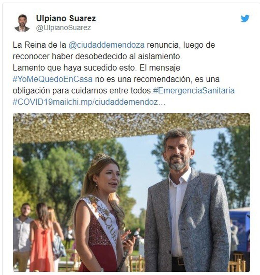 Pedido de renuncia de la Leiva como reina de Ciudad de Mendoza.