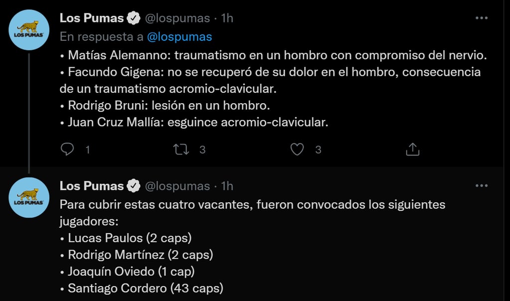 La cuenta oficial de Los Pumas oficializó los cambios (Twitter/@lospumas)