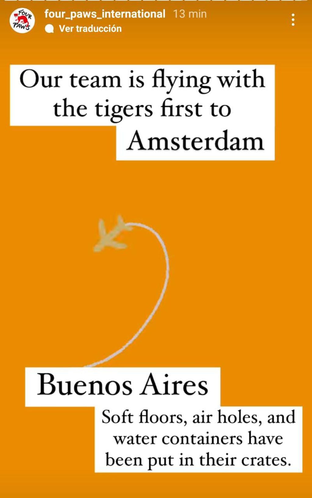 Traducción: "Nuestro equipo hará escala junto a los tigres en Ámsterdam... En sus cajas fueron puestos los pisos suaves, los agujeros de ventilación y el agua".