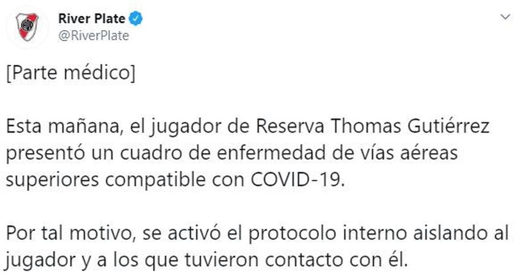 Un futbolista de la Reserva de River fue aislado por sospecha de coronavirus. (Twitter/@RiverPlate)