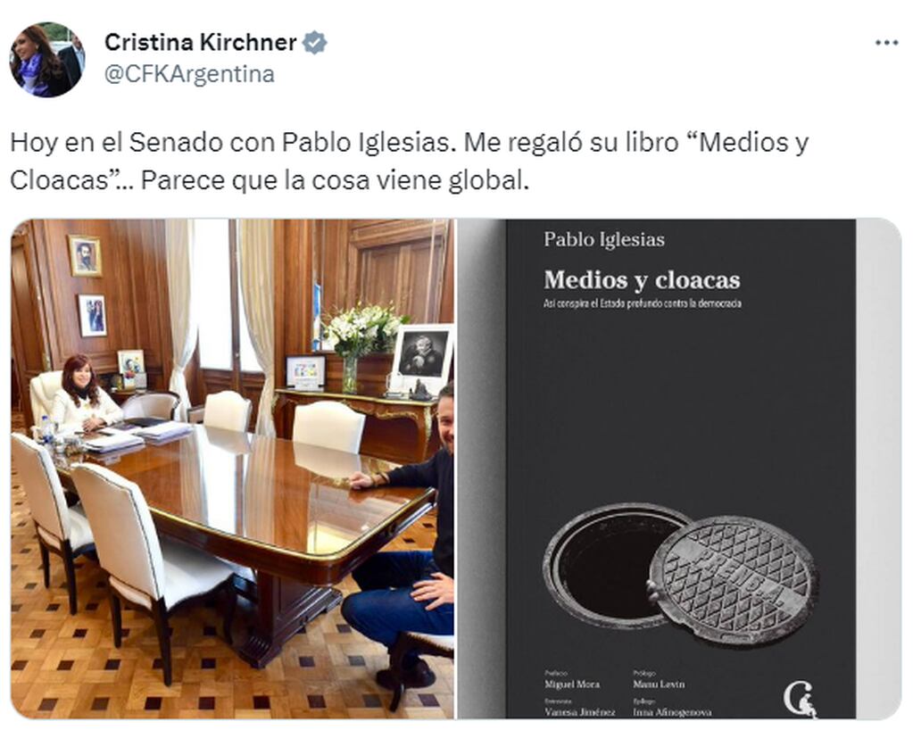 Cristina Kirchner junto a Pablo Iglesias, en agosto de 2022.