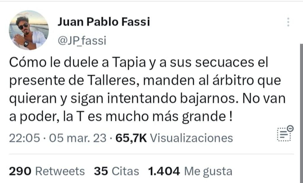 Juan Pablo Fassi y un tweet muy duro