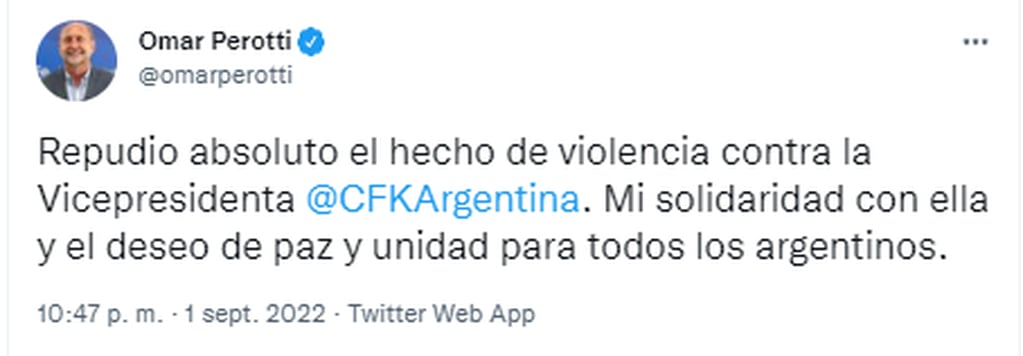El tweet de apoyo de Omar Perotti a Cristina Fernández de Kirchner