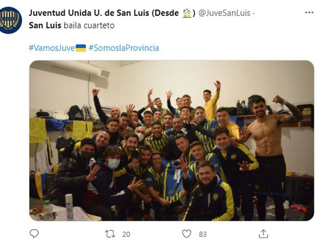 Festejo de Juventud Unida luego de la goleada 4-0 sobre Estudiantes en el clásico de San Luis.