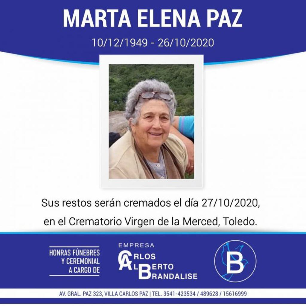 Falleció este lunes, Marta Elena Paz, bisnieta del fundador de Villa Carlos Paz.