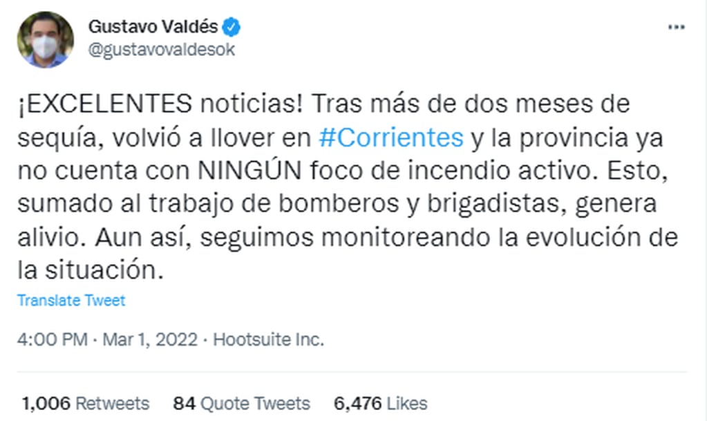 Gustavo Valdés confirma que los focos de incendios activos en Corrientes fueron eliminados.